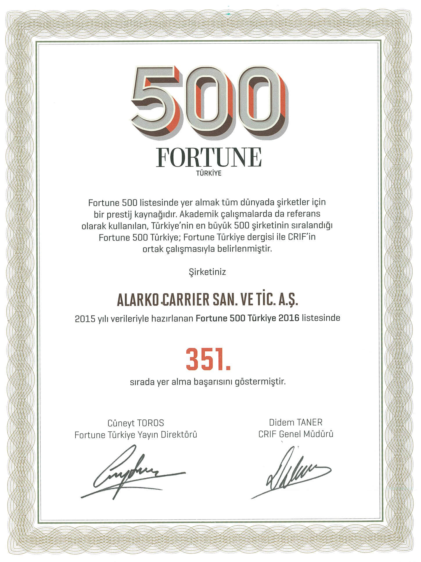 Alarko-Carrier Fortune Dergisi’nin “En Büyük 500 Şirket” Listesinde